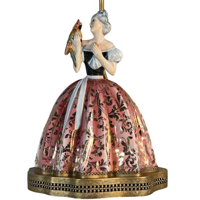 Bertolotti Capodimonte Signed Arturo Pannunzio Porcelain Rococo Lady With a Parrot Table Lamp For Sale - Image 11 of 18