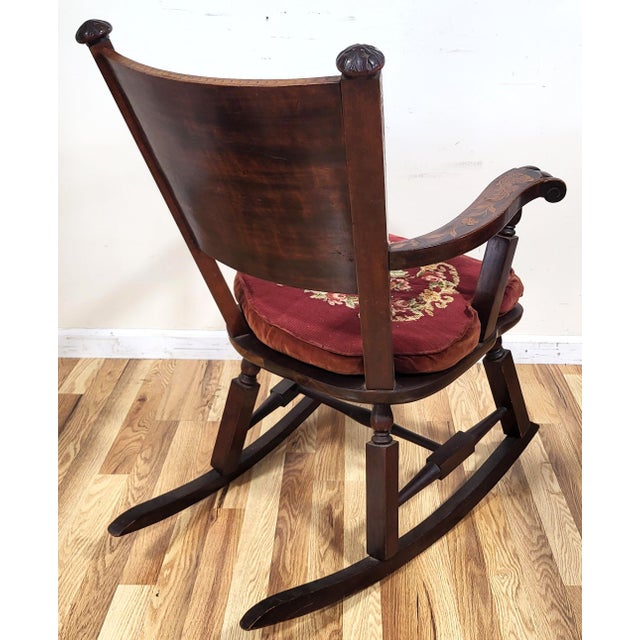 Late 19th Century Antique Dutch 19th C Carved & Marquetry Inlaid Rocking Chair + Needlepoint Pillow For Sale - Image 5 of 18