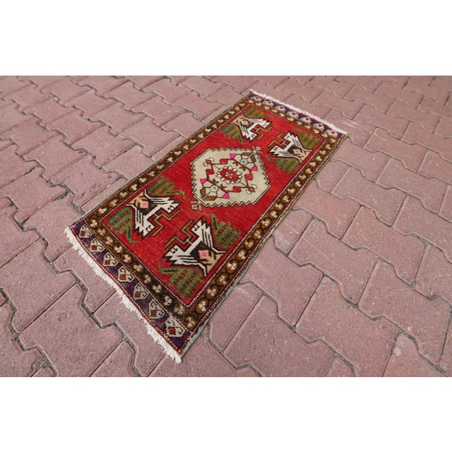 1990s Traditional Ethnic Red Oriental Doormat Rug Size: 1.7 x 3.1 ft ( 49 x 95 cm) 19 x 37 inches Color: Organic Natural...