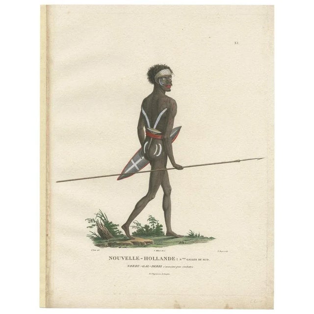 Antique print titled 'New Holland: New South Wales. Nourou-Gal-Derri'. This print shows an Indigenous Australian man named...