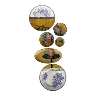 "Bouquet on Yellow Background" Contemporary Installation of Ceramic Plates and Oil on Canvas - Set of 6 For Sale