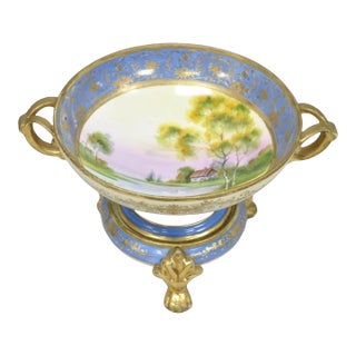 Early 20th Century Nippon Hand Painted Porcelain Blue Centerpiece Compote Bowl W/ Cottage & Geese For Sale