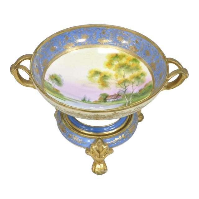 Early 20th Century Nippon Hand Painted Porcelain Blue Centerpiece Compote Bowl W/ Cottage & Geese For Sale
