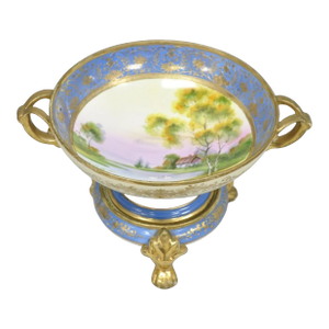 Early 20th Century Nippon Hand Painted Porcelain Blue Centerpiece Compote Bowl W/ Cottage & Geese