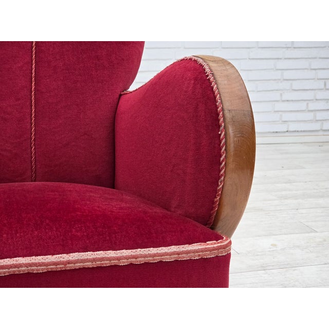 Danish Armchair in Red Velour and Oak, 1950s For Sale - Image 15 of 17