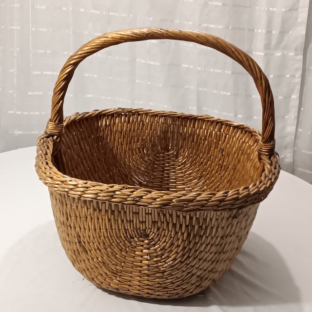 Large Vintage Chinese Willow Basket Hand Woven With Intricately Detailed and Tightly Woven Patterns, With a Deep Gold...