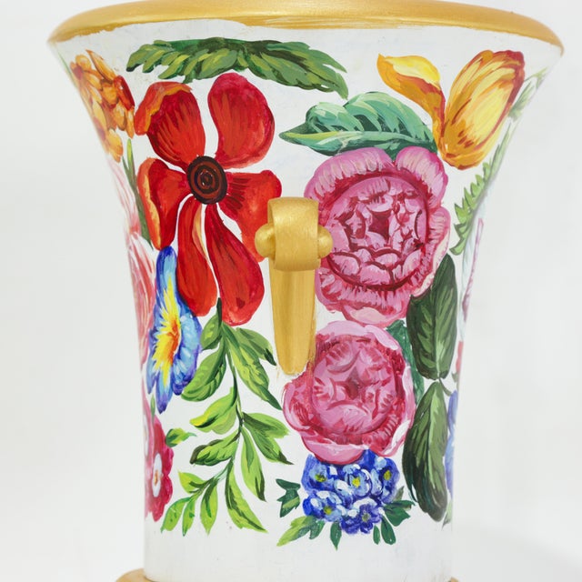 Wood Vintage Floral Hand-Painted Brunschwig & Fils Wooden Table Lamps With Green Faux Marble Bases - a Pair For Sale - Image 7 of 18