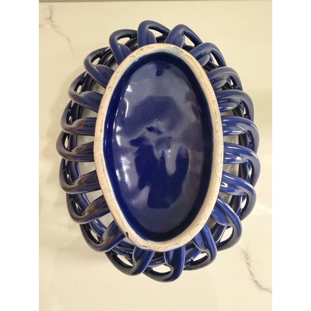 Vintage Italian Blue Lattice Open Weave Ceramic Fruits Basket. For Sale - Image 10 of 12