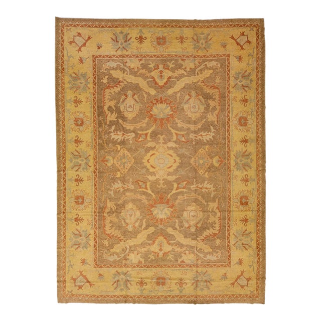 Modern Designed Turkish Oushak Handmade Brown Wool Rug With Floral Motif For Sale