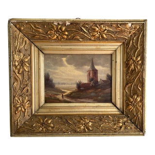 19th Century Scenic Oil on Canvas in Ornate Distressed Gold Gilt Frame - Signed For Sale