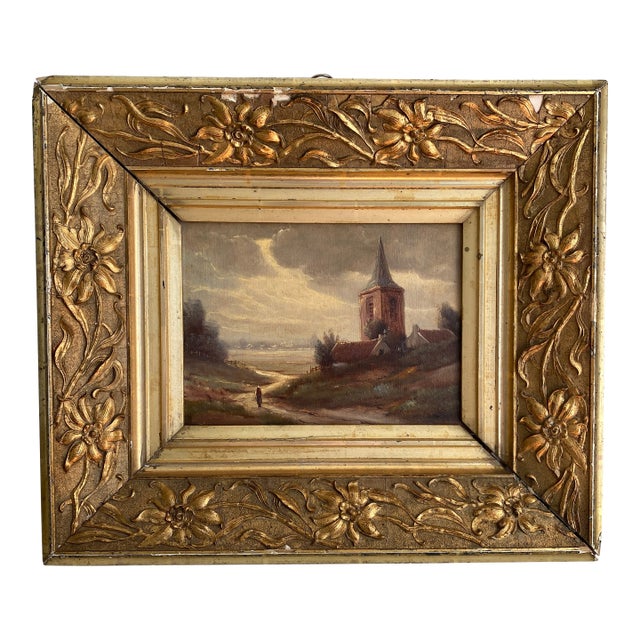 19th Century Scenic Oil on Canvas in Ornate Distressed Gold Gilt Frame - Signed For Sale