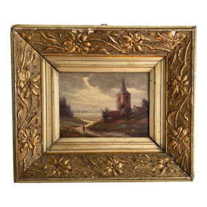 19th Century Scenic Oil on Canvas in Ornate Distressed Gold Gilt Frame - Signed