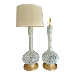 Pair Large Murano Mazzega White & Clear Table Lamps For Sale