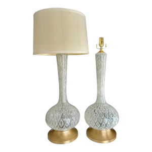 Pair Large Murano Mazzega White & Clear Table Lamps