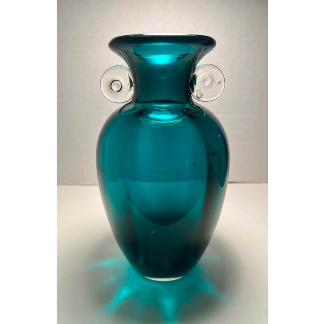 Mid-Century Modern Pair of Hand Blown Art Glass Vases Amethyst Purple & Blue Green Bubble Handles For Sale - Image 3 of 9