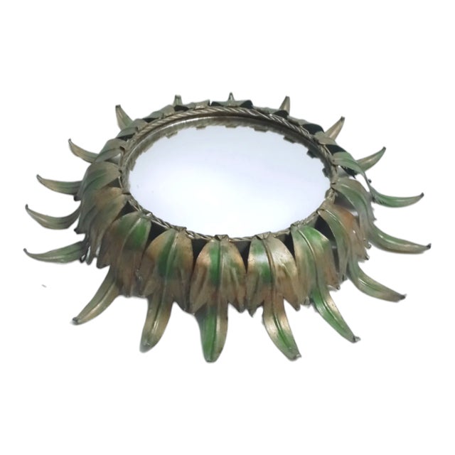 Vintage Sun Mirror in Golden Metal with Green Details For Sale - Image 5 of 10
