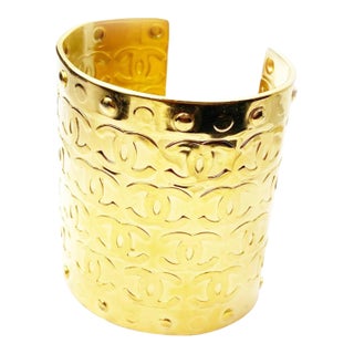 Chanel Vintage Rare Gold Plated CCs Thick Cuff Bracelet For Sale