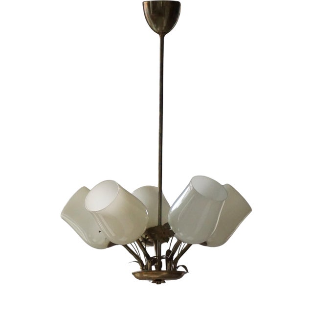 Chandelier in Brass & Glass by Paavo Tynell for Idman OY, Finland, 1940s For Sale
