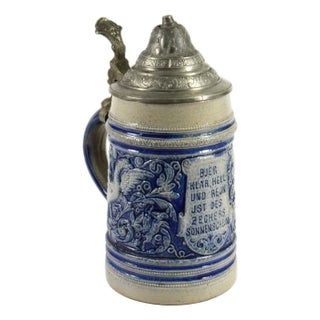1880's Blue on Gray Stoneware Beer Stein With Pewter Lid 0.5l Westerwald Germany For Sale