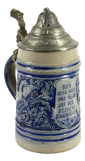 1880's Blue on Gray Stoneware Beer Stein With Pewter Lid 0.5l Westerwald Germany