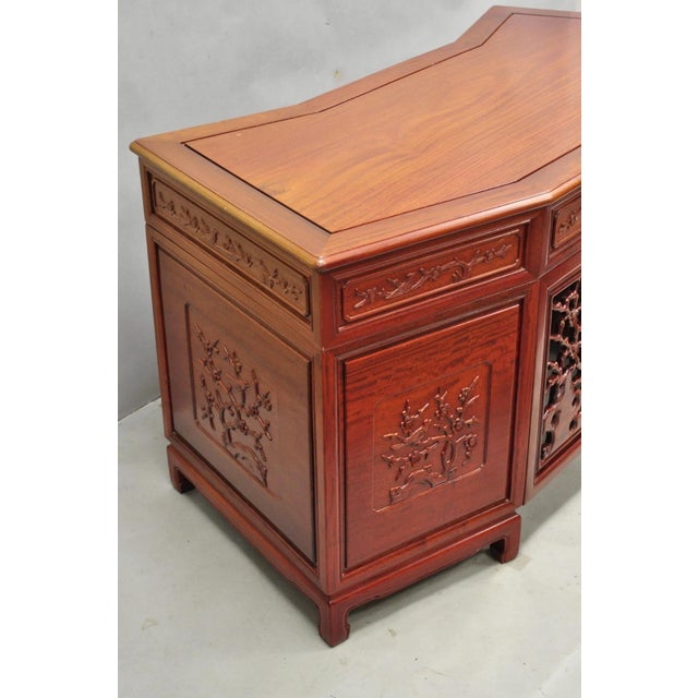 Vintage Chinese Bird Carved Hardwood Kneehole Writing Desk With Decorated Back For Sale - Image 16 of 18