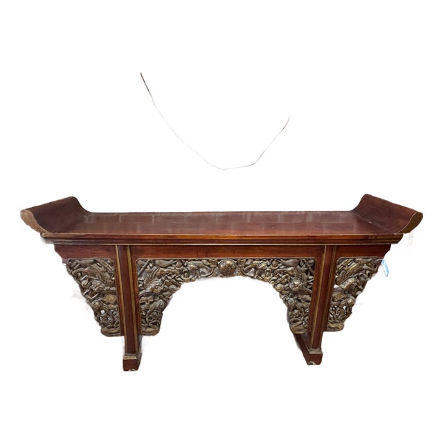 Chinese Carved Red Lacquer Qiaotouan Altar Console Table, Circa 1900 For Sale