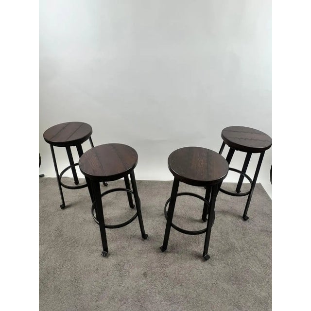 Industrial Vintage Industrial Style Round Wood Top Bar Stools W Black Iron Legs, Set of 4 For Sale - Image 3 of 11