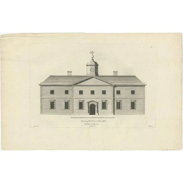 Antique print titled 'Elevation of the Stables at Lathom Hall'. Elevation of the stables at Lathom House, Lancashire....