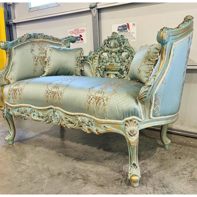 French Style Sky Blue Small Settee For Sale - Image 4 of 8