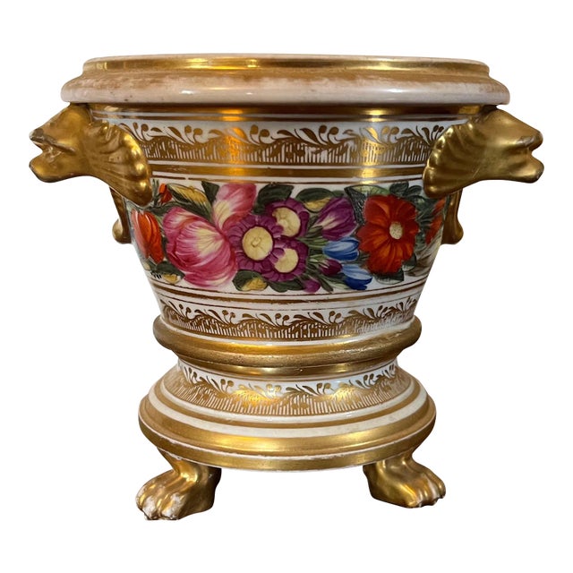 Antique Early 19th Century Coalport Porcelain Cachepot or Flower Pot Decorated With Flowers and Dolphin Handles For Sale