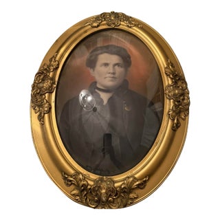 Antique Hand Tinted Pre 1890s Photo Ornate Frame Convex Bubble Glass 19x25” For Sale