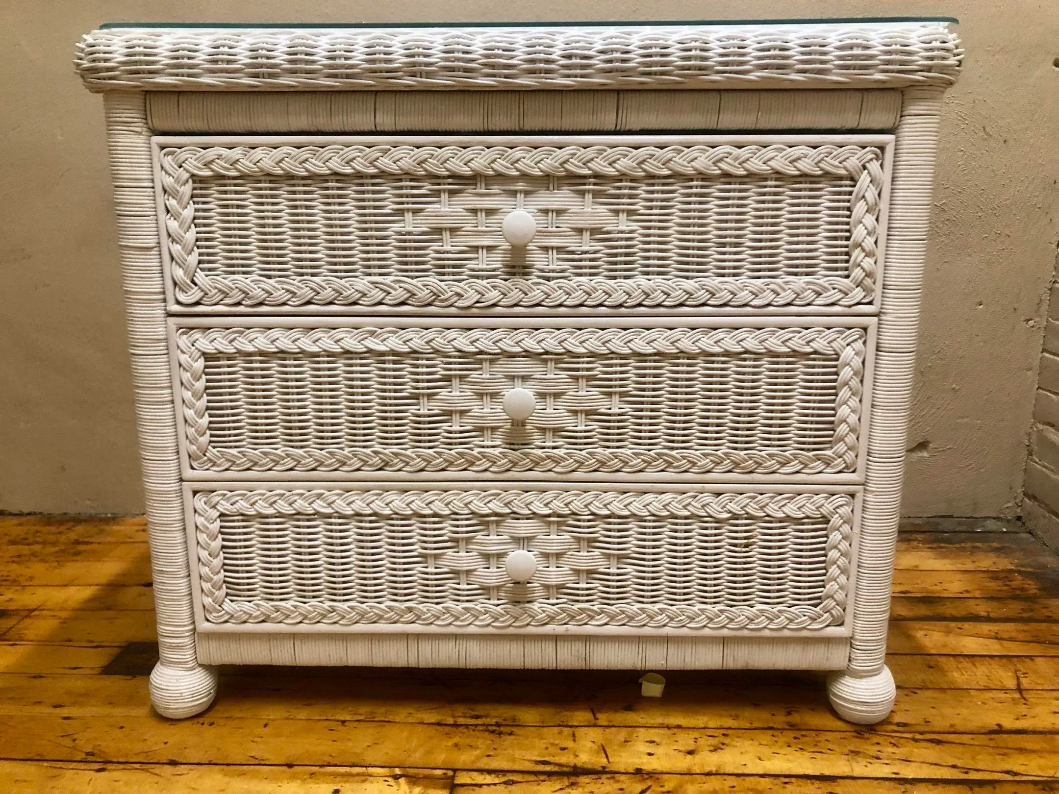 Vintage Boho Chic Henry Link for Lexington Woven Wicker Dresser With Glass  Top