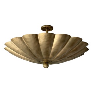 Art Deco Brass Flush Mount Ceiling Light | Scalloped Flower Fixture, Brushed Brass For Sale