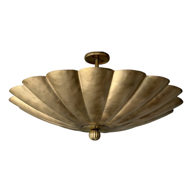 Art Deco Brass Flush Mount Ceiling Light | Scalloped Flower Fixture, Brushed Brass For Sale
