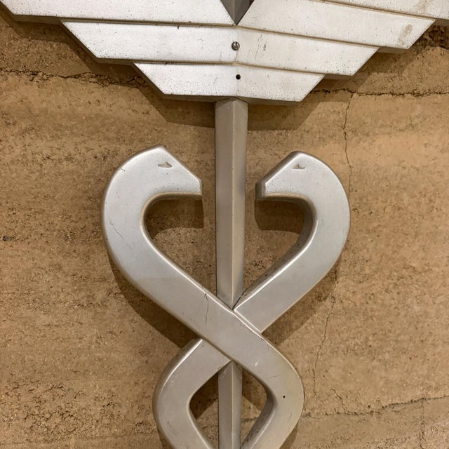 Metal Aluminum Caduceus Symbol Medical Wall Mounted Sculpture Snakes & Wings For Sale - Image 7 of 12