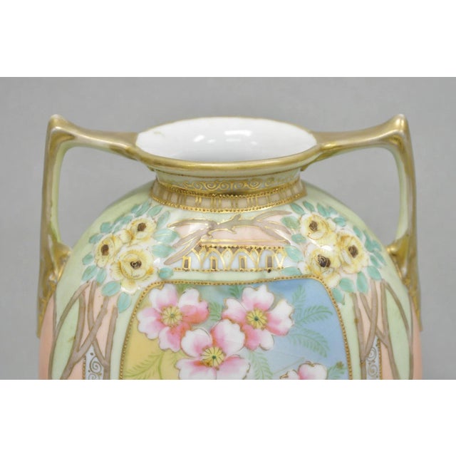 Art Nouveau Antique Nippon Art Nouveau Hand Painted Porcelain Pink Flower Twin Handle Vase For Sale - Image 3 of 14