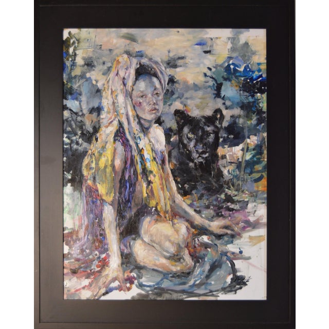 This artwork depicts a figure seated in a contemplative pose, draped in vibrant textiles that echo the surrounding natural...