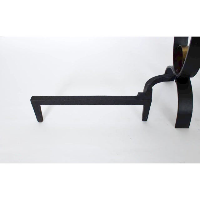 Donald Deskey Style Black Cast Iron & Brass Puck Andirons, Circa 1960 - A Pair For Sale - Image 9 of 12