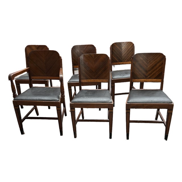 1930s Art Deco Waterfall Walnut Dining Chairs - Set of 6 For Sale