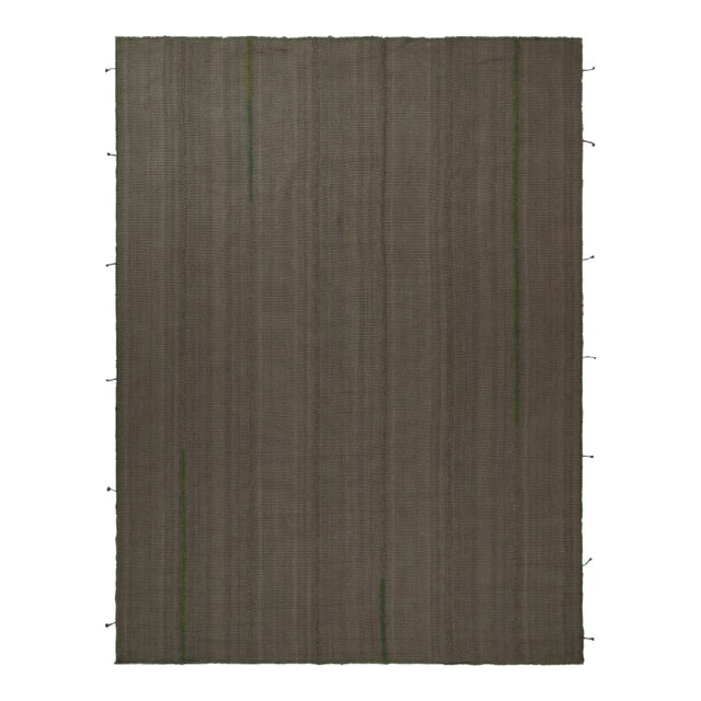 Rug & Kilim’s Contemporary Kilim in Brown With Green Accents, Muted Stripes For Sale