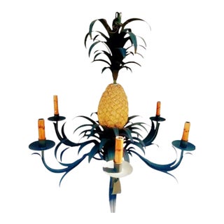 Vintage Currey and Company 6 Arm Tole Pineapple Palm Leaf Regency Style Chandelier For Sale