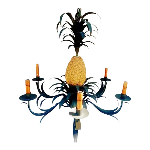 Vintage Currey and Company 6 Arm Tole Pineapple Palm Leaf Regency Style Chandelier For Sale