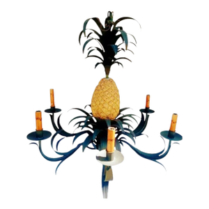 Vintage Currey and Company 6 Arm Tole Pineapple Palm Leaf Regency Style Chandelier