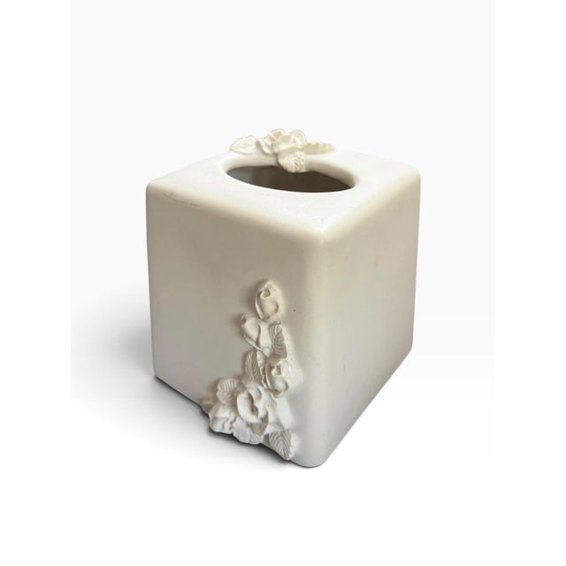 Contemporary Mid 20th Century White Ceramic Floral Tissue Box Cover With 3d Relief For Sale - Image 3 of 6