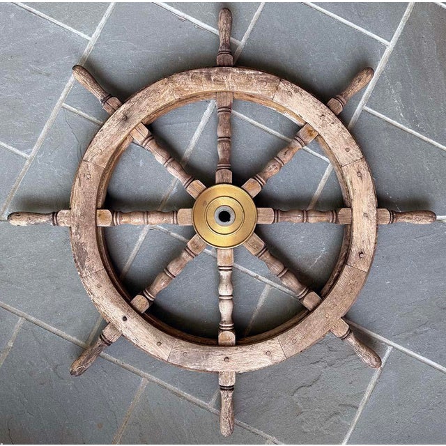 American Vintage Wooden Ships Wheel With Brass Hub For Sale - Image 3 of 5