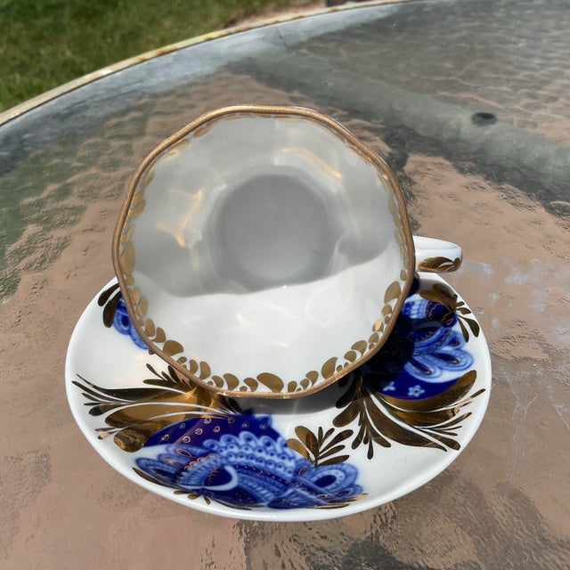 Boho Chic Lomonosov Navy Blue and Gold Demitasse Cup and Saucer For Sale - Image 3 of 5