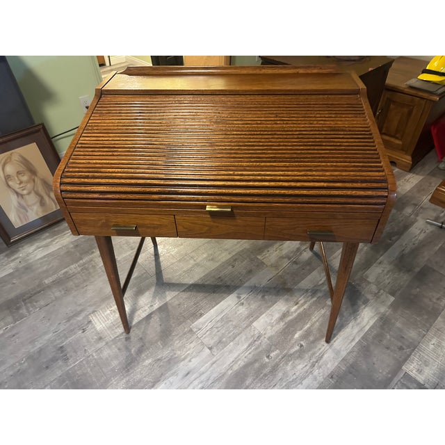 Mid-Century Walnut Roll Top Desk For Sale - Image 4 of 5