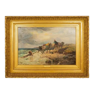 Antique British Oil Painting Seascape Coast Scene Shipwreck Landscape Horses by Samuel C. Bird 1870