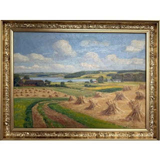 Henrik Gamst Jespersen (1853-1936) Danish Antique Harvest Landscape Oil Painting For Sale