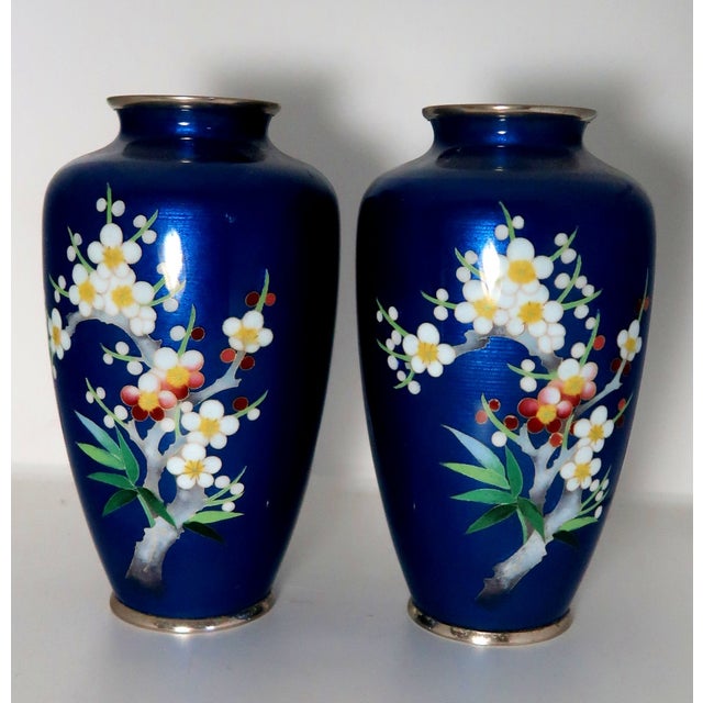 Japanese Pair of Antique Japanese Cloisonné Cobalt Blue Enamel Vases With Cherry Blossom and Foliage Motif. For Sale - Image 3 of 8